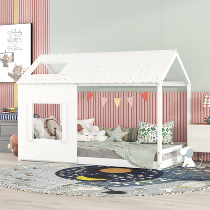 Twin House Bed with Roof Frame White