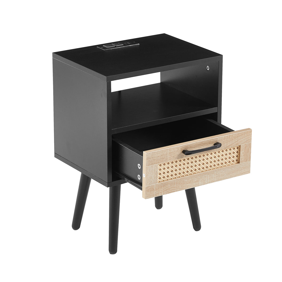 Rattan End Table with Drawer Black Legs