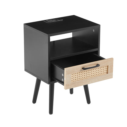 Rattan End Table with Drawer Black Legs