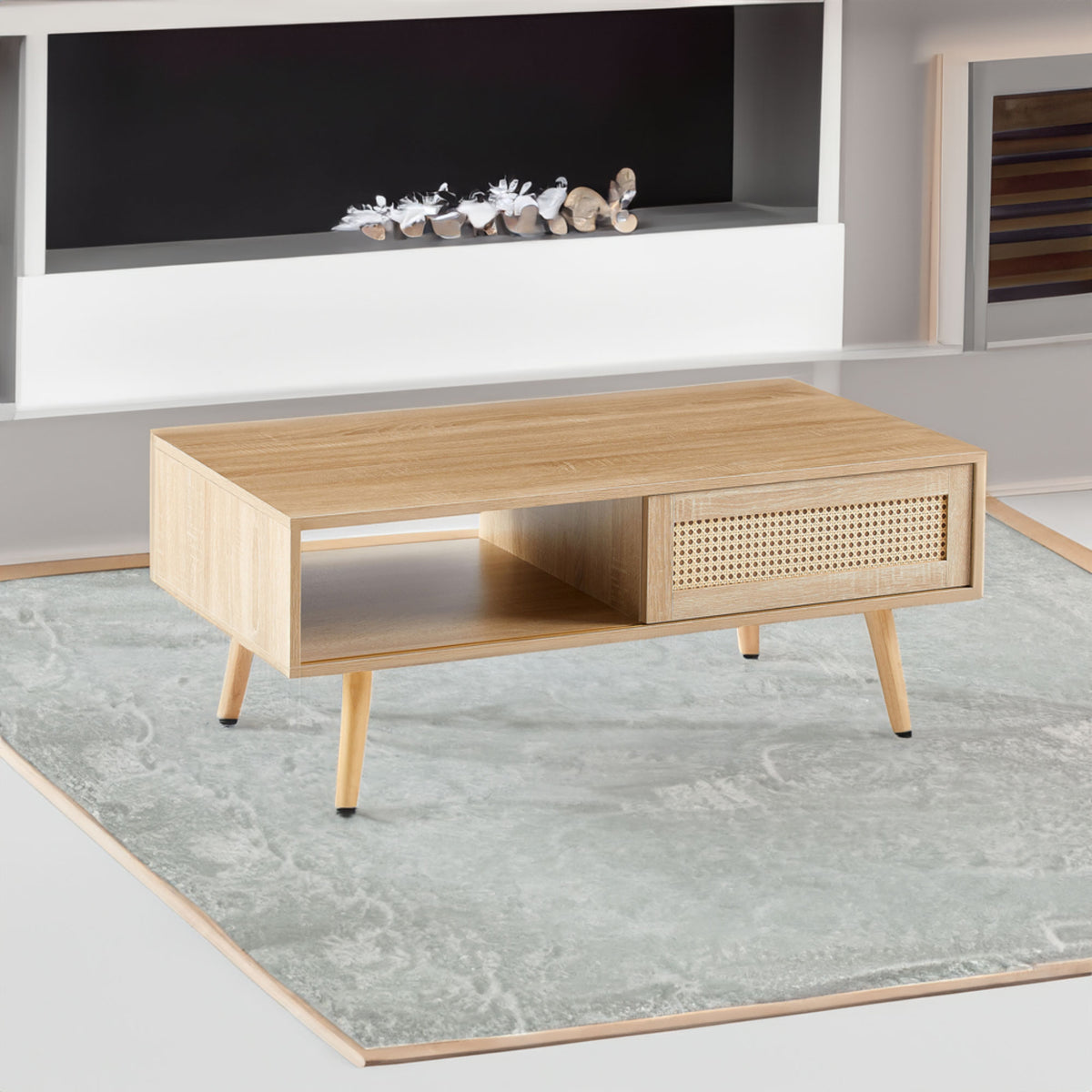 Rattan Coffee Table with Sliding Door Storage