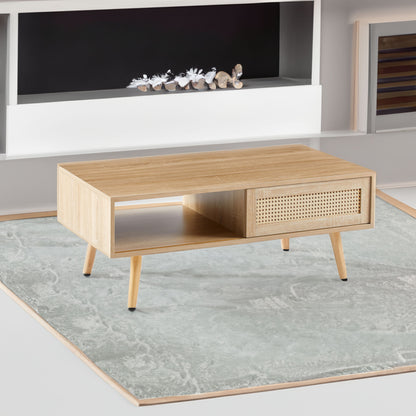Rattan Coffee Table with Sliding Door Storage