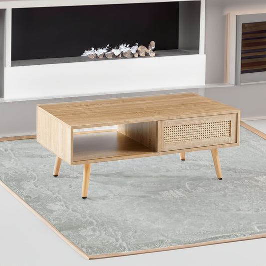 Rattan Coffee Table with Sliding Door Storage