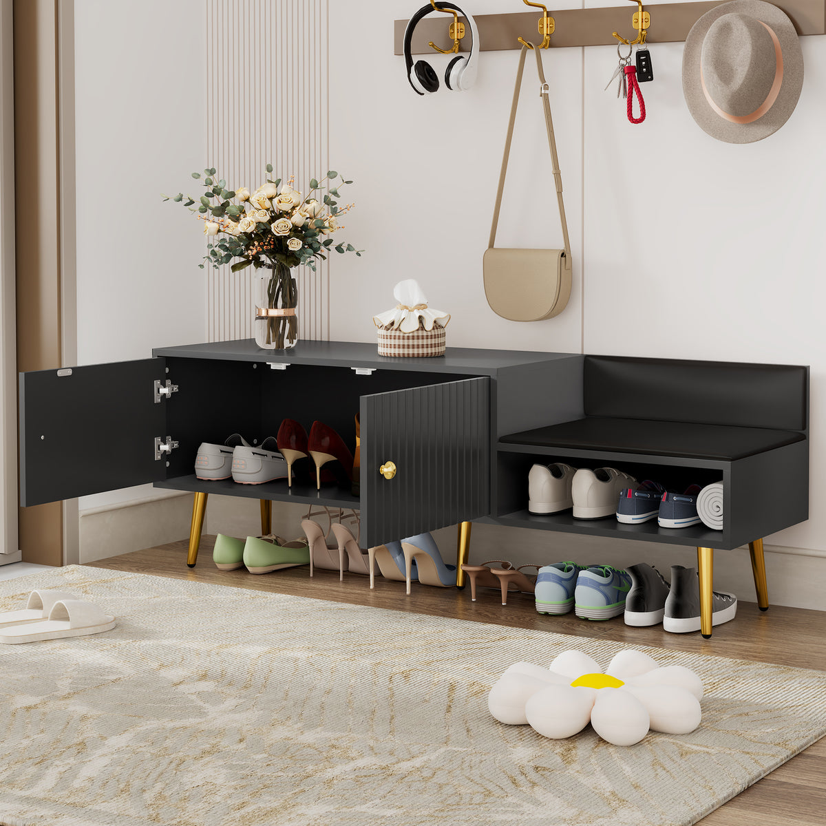 Modern Gray Shoe Storage Bench with Hidden Upholstered Seat