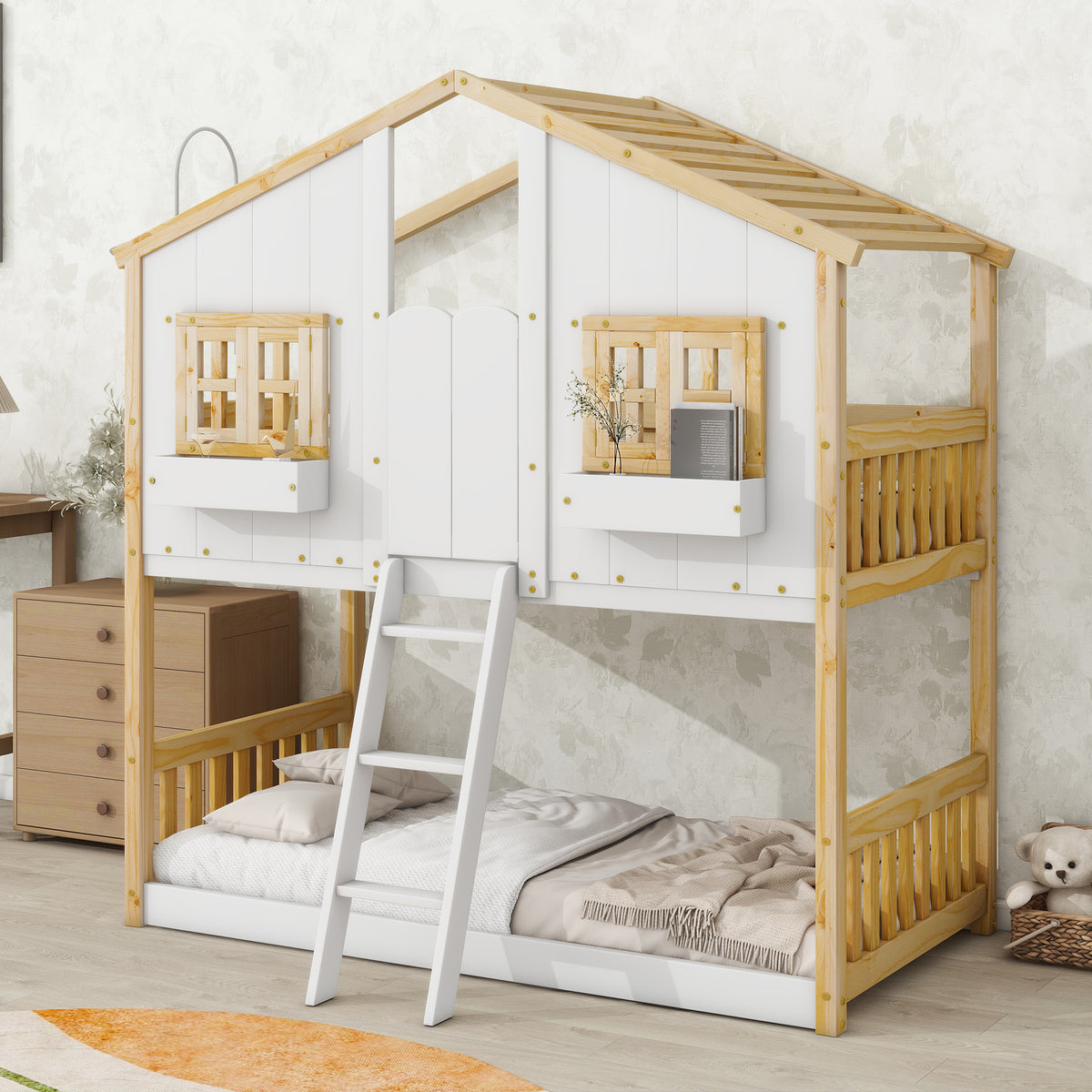 Twin House Bunk Bed Natural White