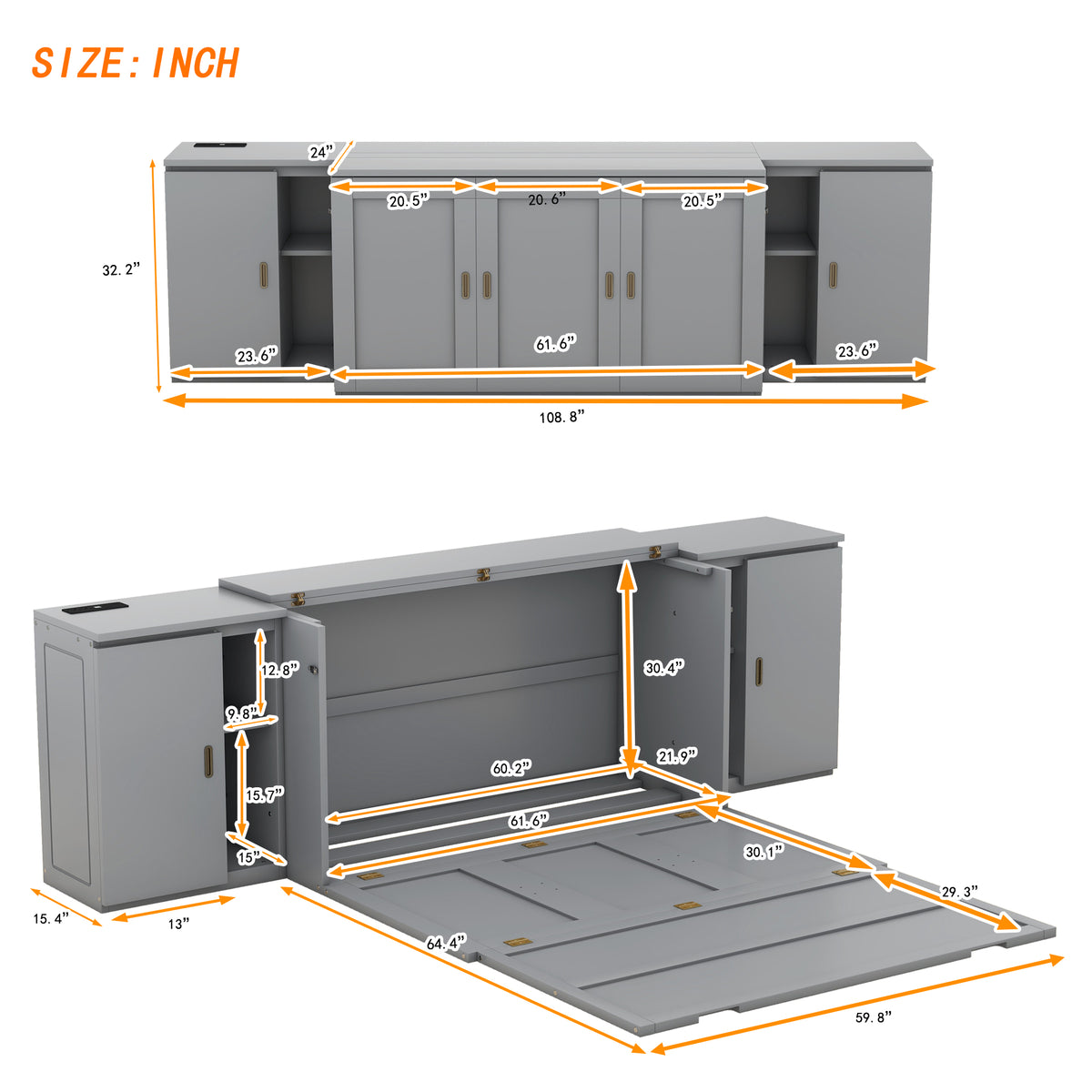 Queen Murphy Bed with Storage Gray
