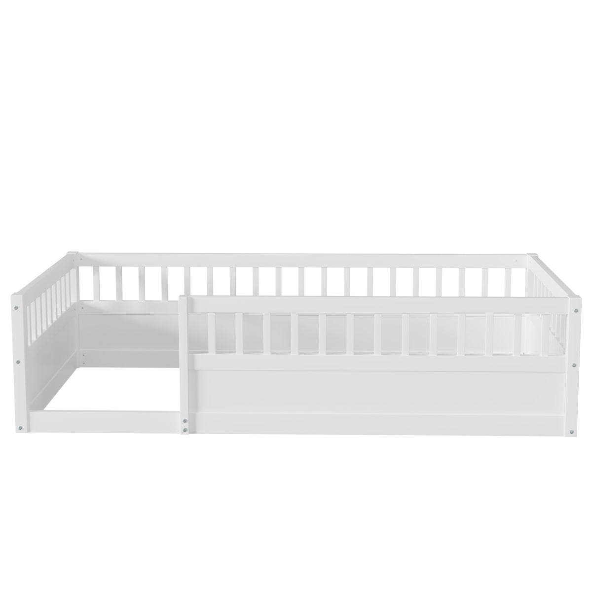Wood Floor Twin Bed with Fence White