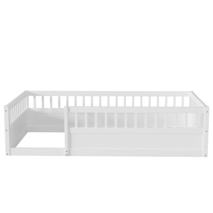 Wood Floor Twin Bed with Fence White