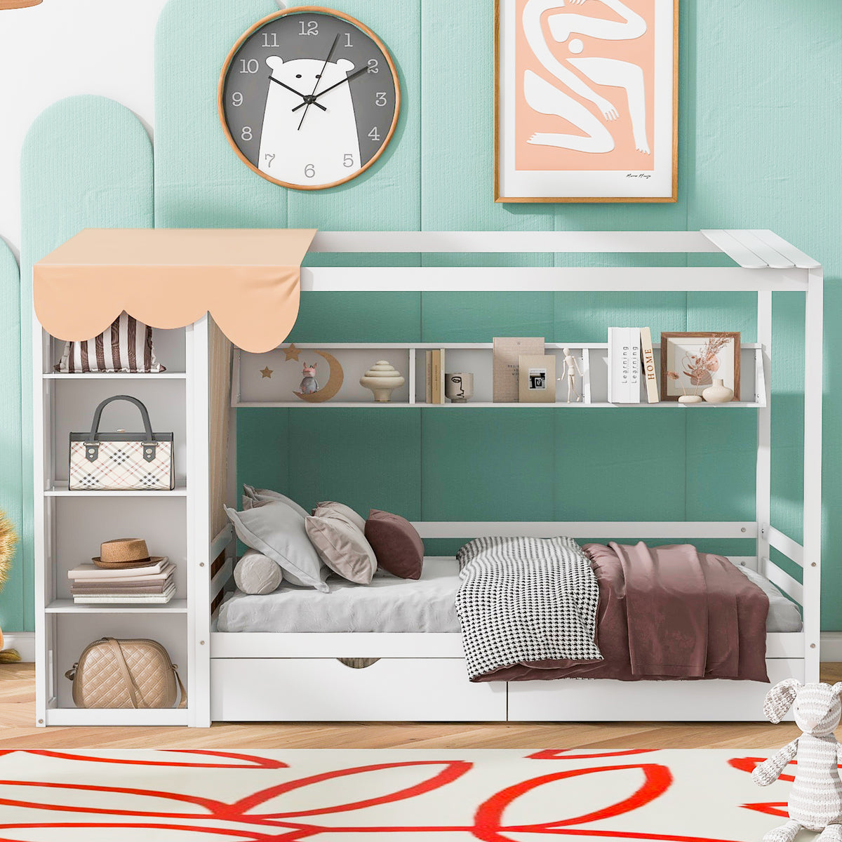 Twin House Bed with Wardrobe White