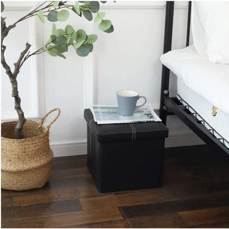 Foldable Ottoman Storage Stool Leather Gray