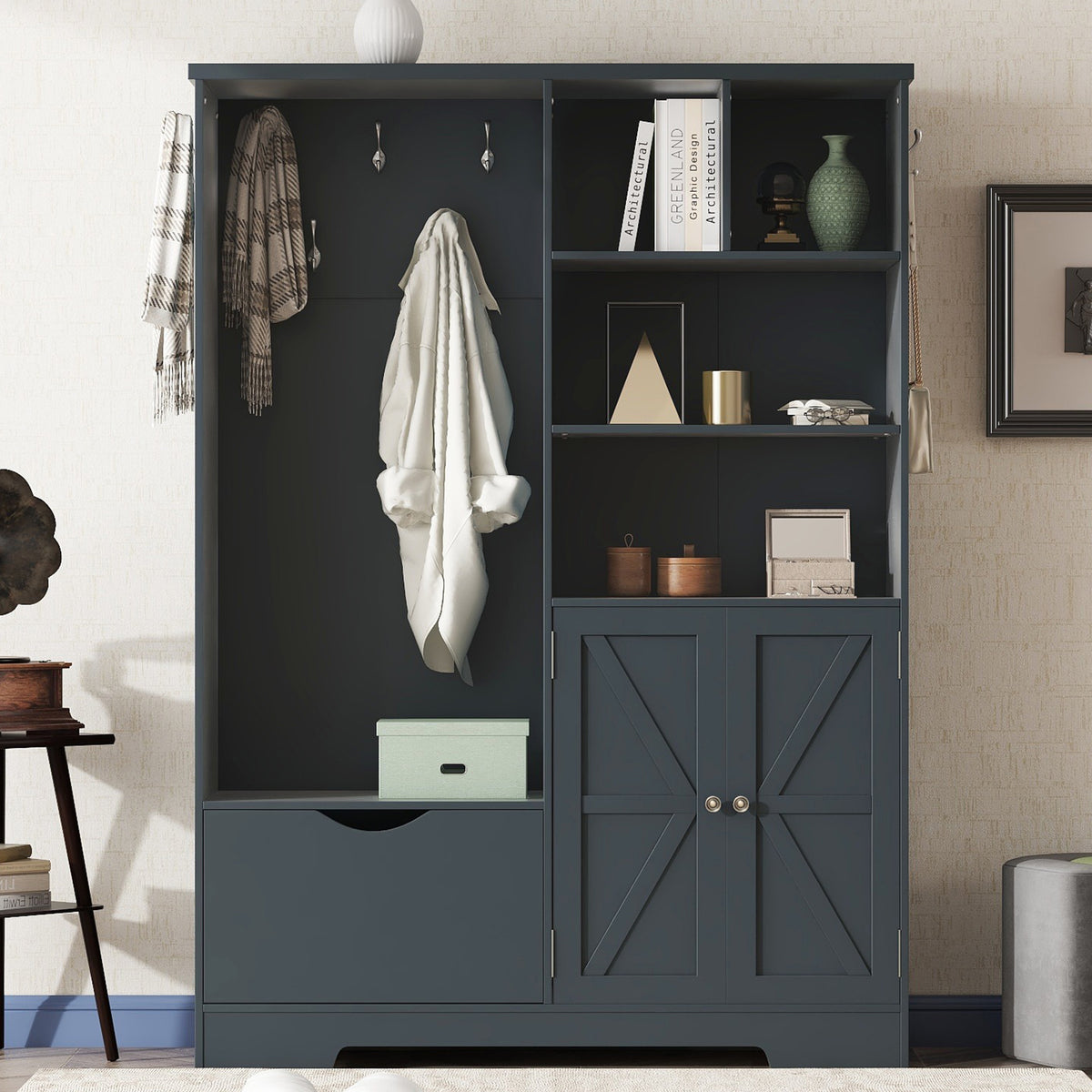 Hallway Storage Bench with Drawers Blue