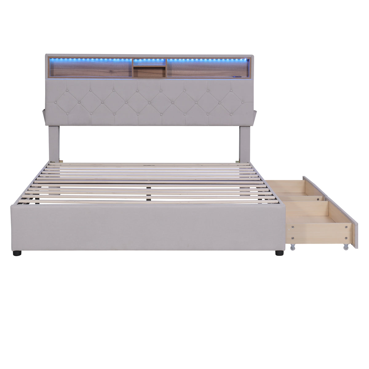 Queen LED Upholstered Storage Bed – Beige