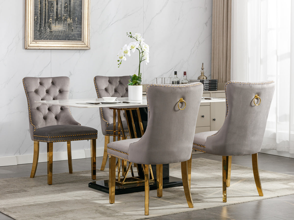 Tufted Velvet Dining Chair Set (2 pcs) – Gray & Gold Legs
