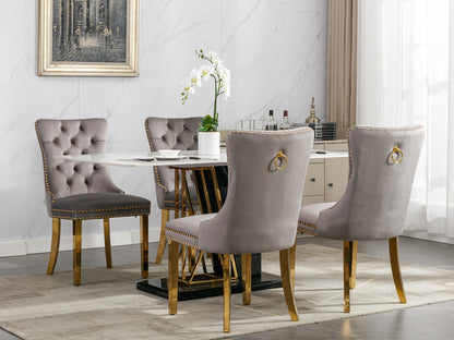 Tufted Velvet Dining Chair Set (2 pcs) – Gray & Gold Legs