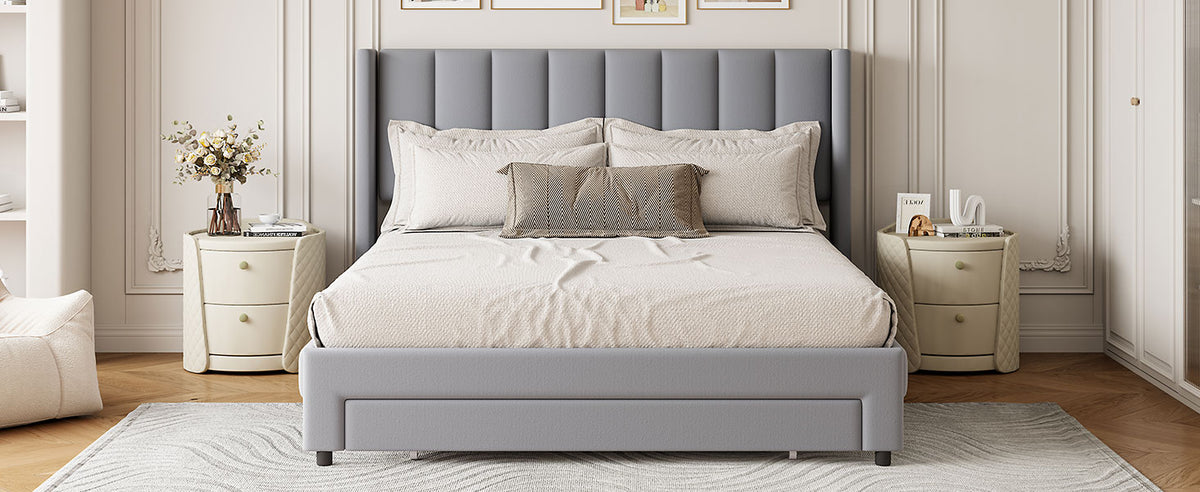 Velvet Platform Bed with Storage Drawer Gray