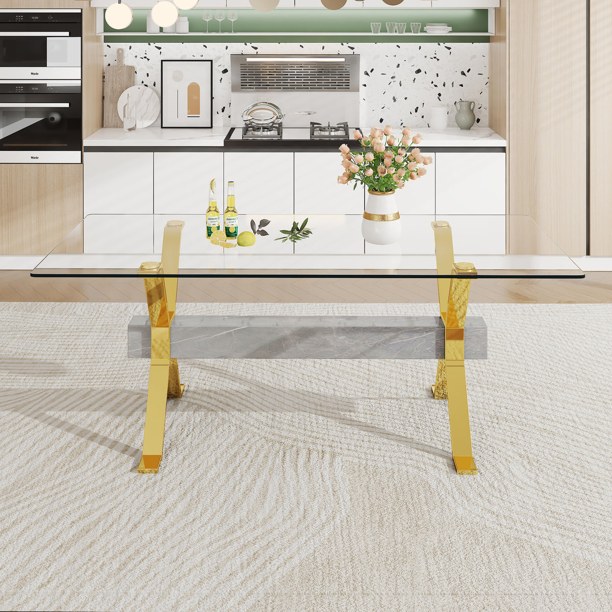 Glass Dining Table with Gold Metal Legs