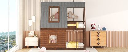 Twin Bunk Bed with Roof Windows Gray