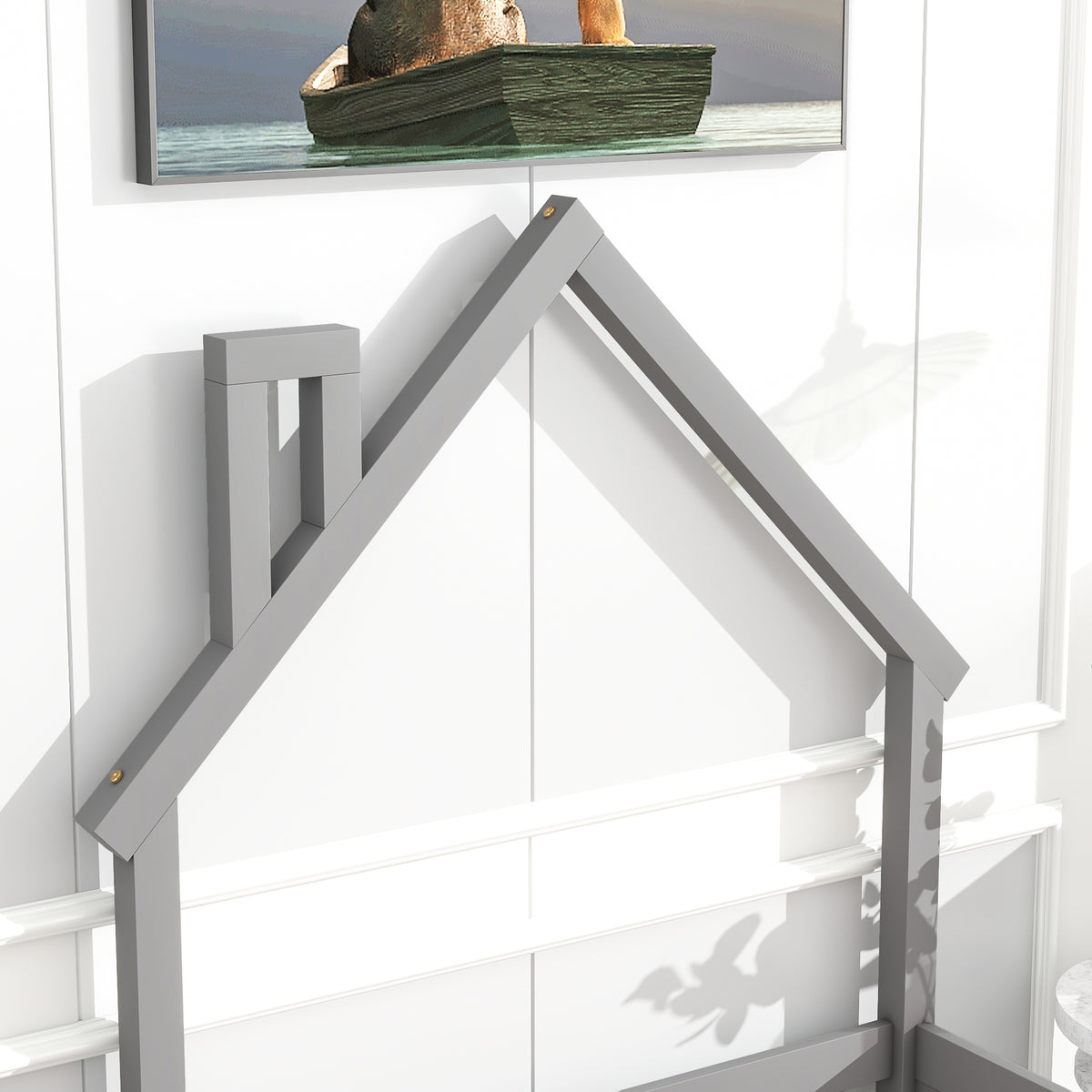 Twin House Bed with Fence Gray