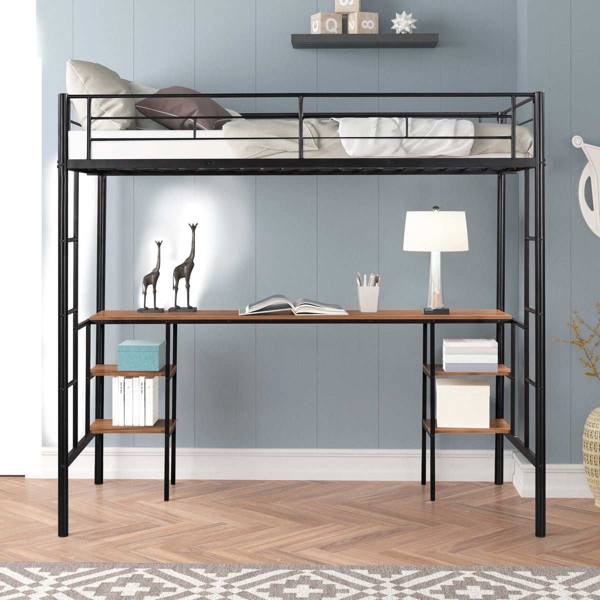 Heavy-Duty Twin Loft Bed with Built-In Shelves White
