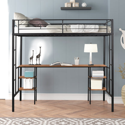 Heavy-Duty Twin Loft Bed with Built-In Shelves White