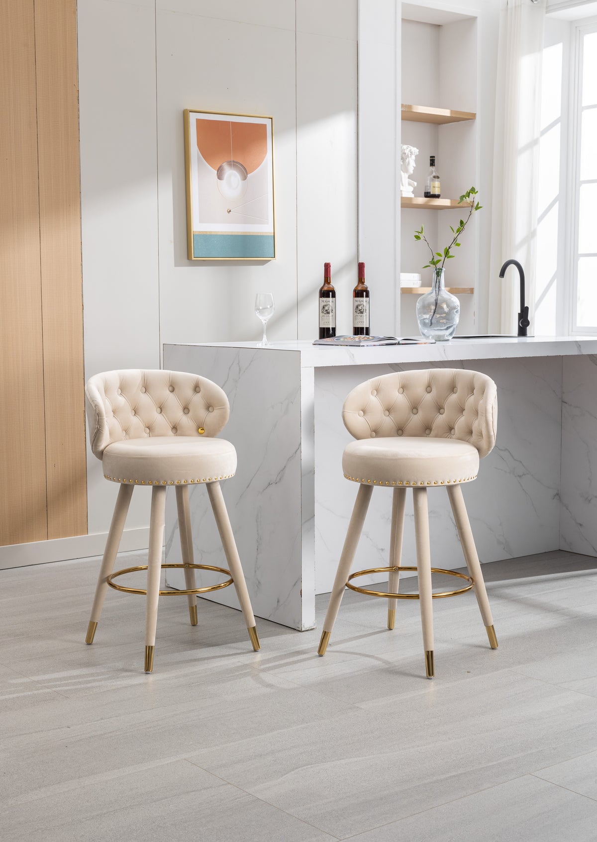 Coolmore Velvet Bar Stools (2 pcs) – Beige