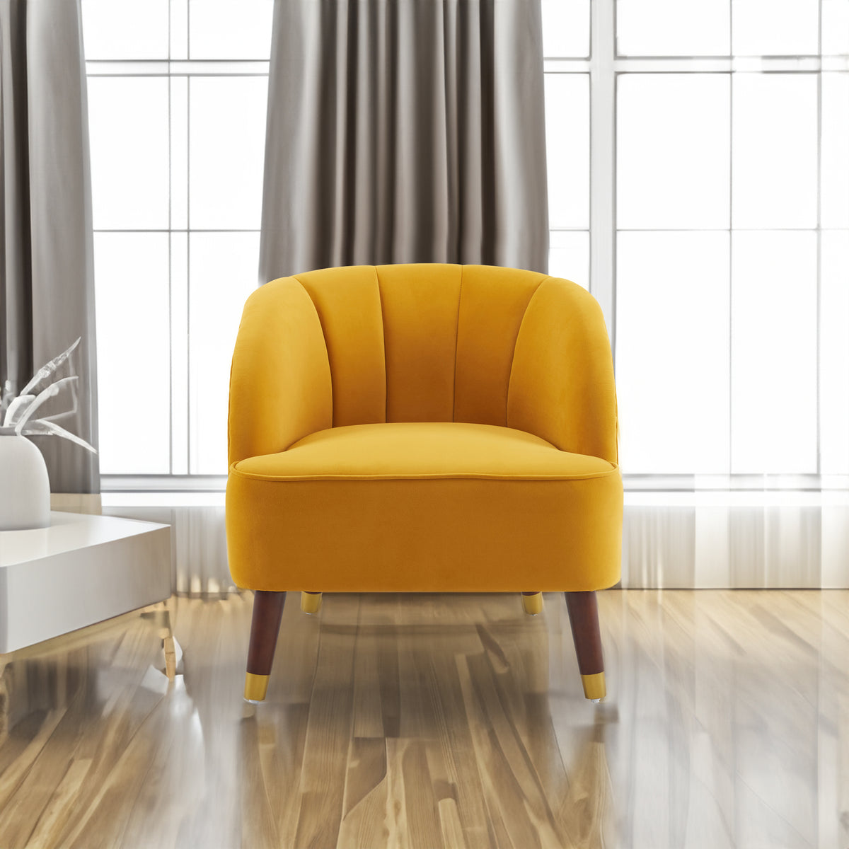 Barrel Accent Chair with Wooden Legs Brown