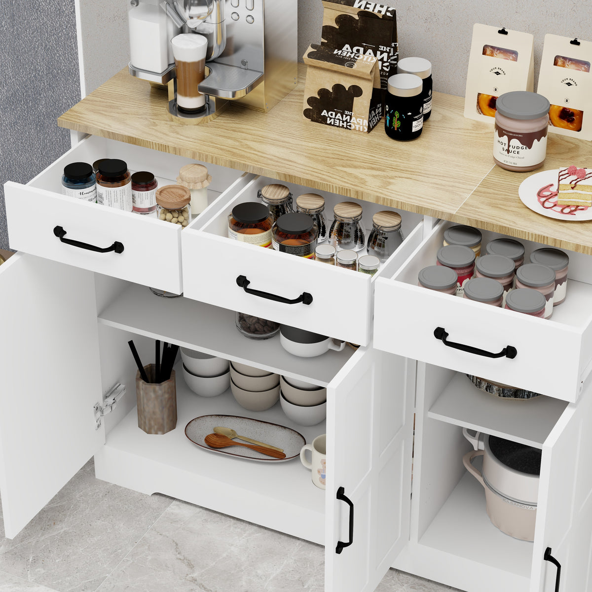 Farmhouse Buffet Sideboard – White 3-Door Cabinet
