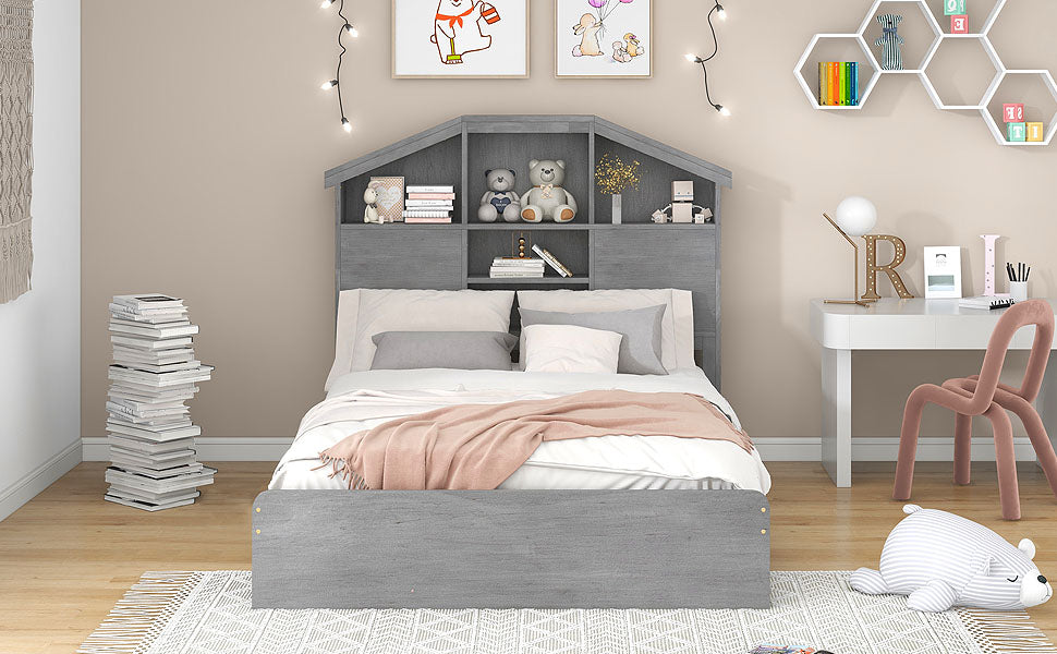 Full Platform Bed with Storage Headboard Gray