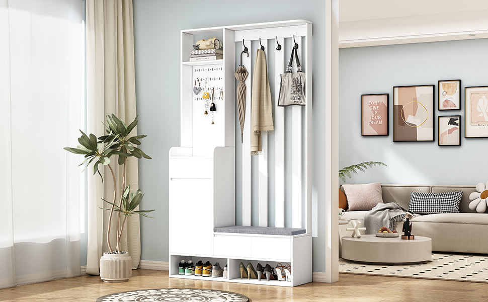 Hall Tree Shoe Cabinet – White Finish