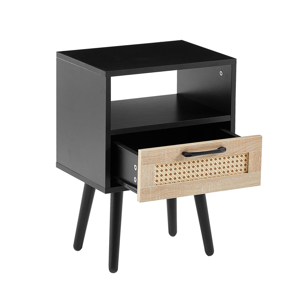 Rattan End Table with Drawer Black