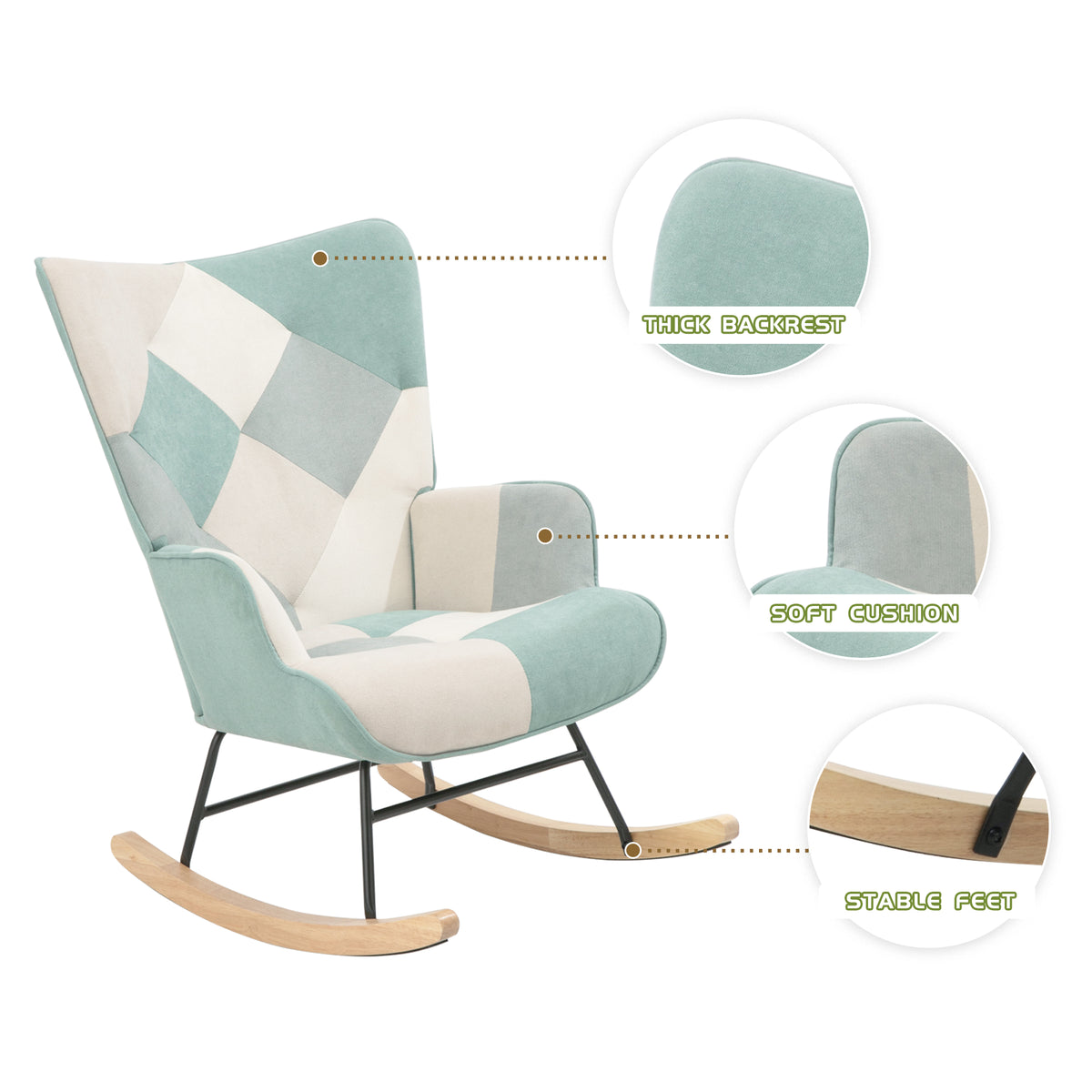 Mid-Century Patchwork Rocking Chair with Ottoman – Linen Fabric