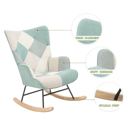 Mid-Century Patchwork Rocking Chair with Ottoman – Linen Fabric