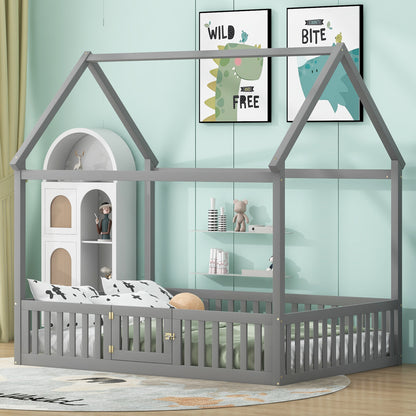 Full Wood Bed with Fence and Door Gray