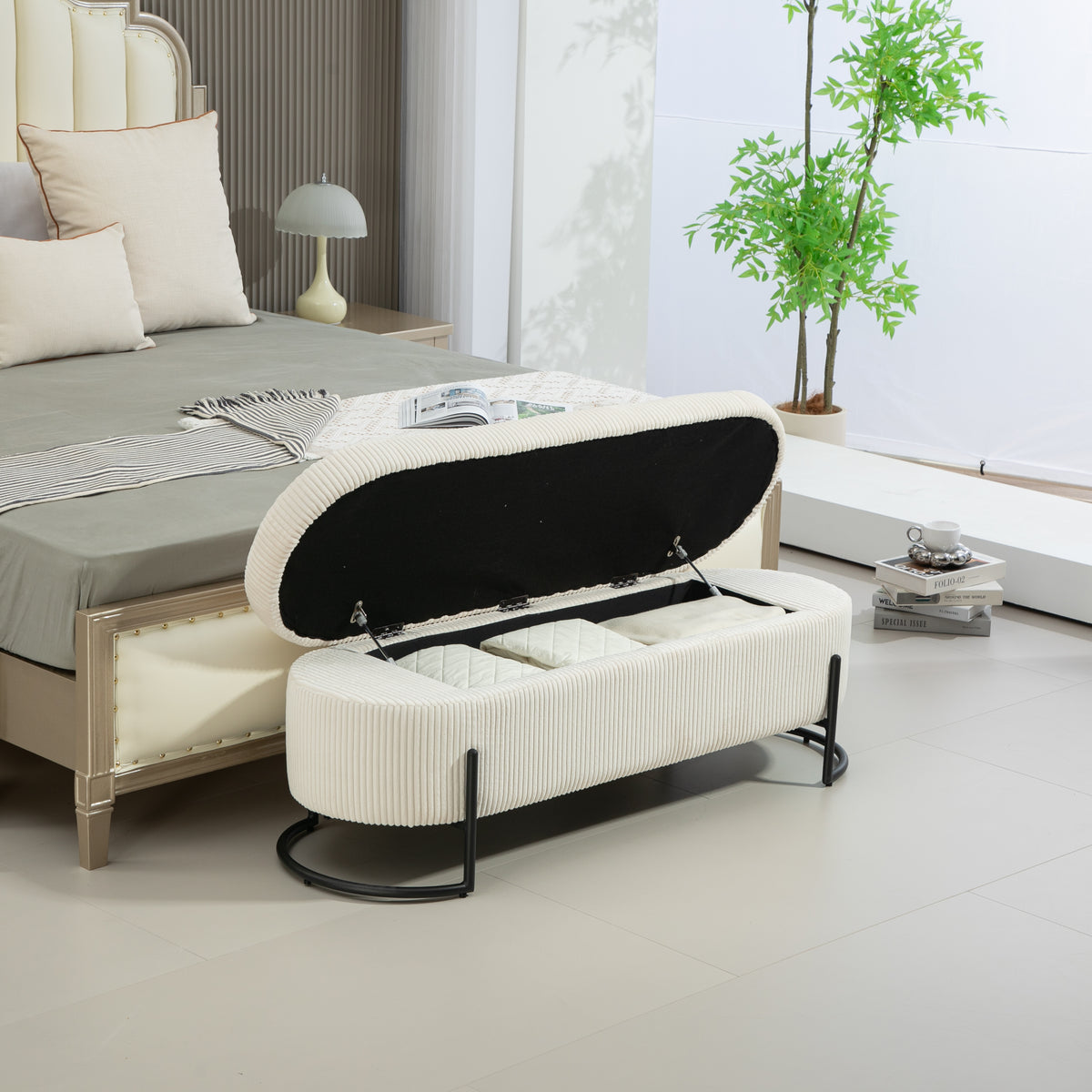 Storage Ottoman Stool – Beige Fabric