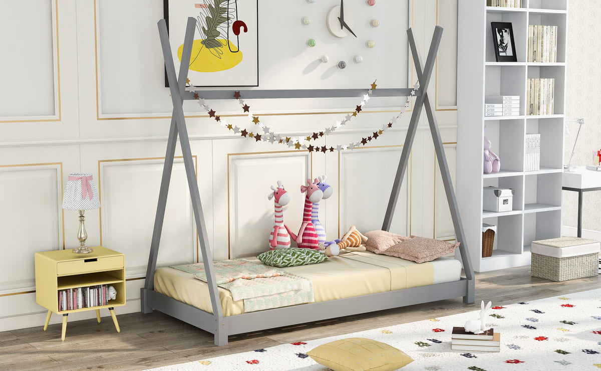 Twin Size Gray House Platform Bed with Triangle Roof