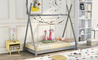 Twin Size Gray House Platform Bed with Triangle Roof