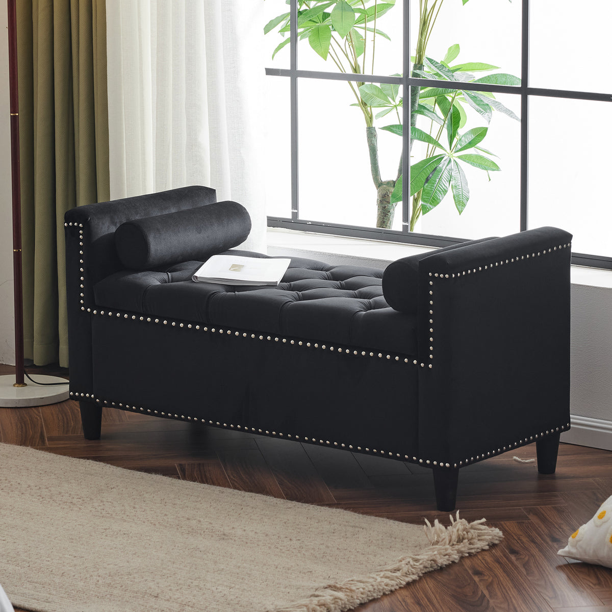 44-Inch Velvet Storage Bench with Armrests Black