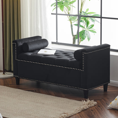 44-Inch Velvet Storage Bench with Armrests Black
