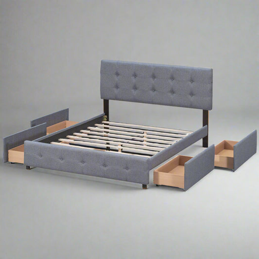 Upholstered Queen Platform Bed with Drawers Gray