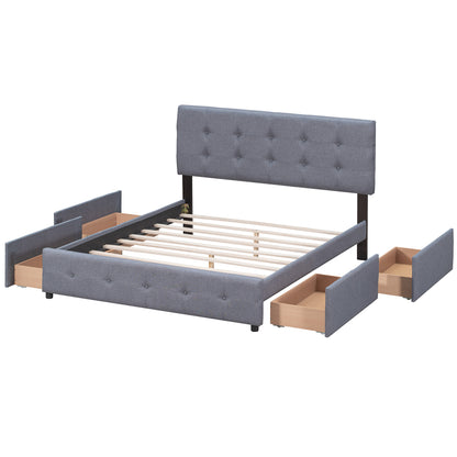 Linen Upholstered Platform Bed with Drawers Dark Gray