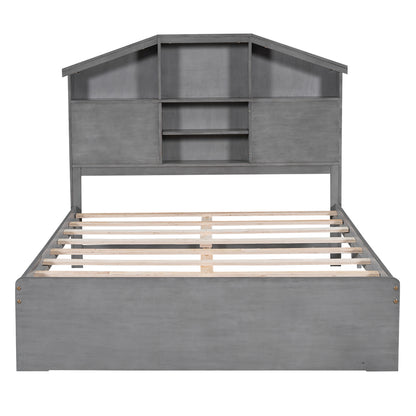 Full Platform Bed with Storage Headboard Gray
