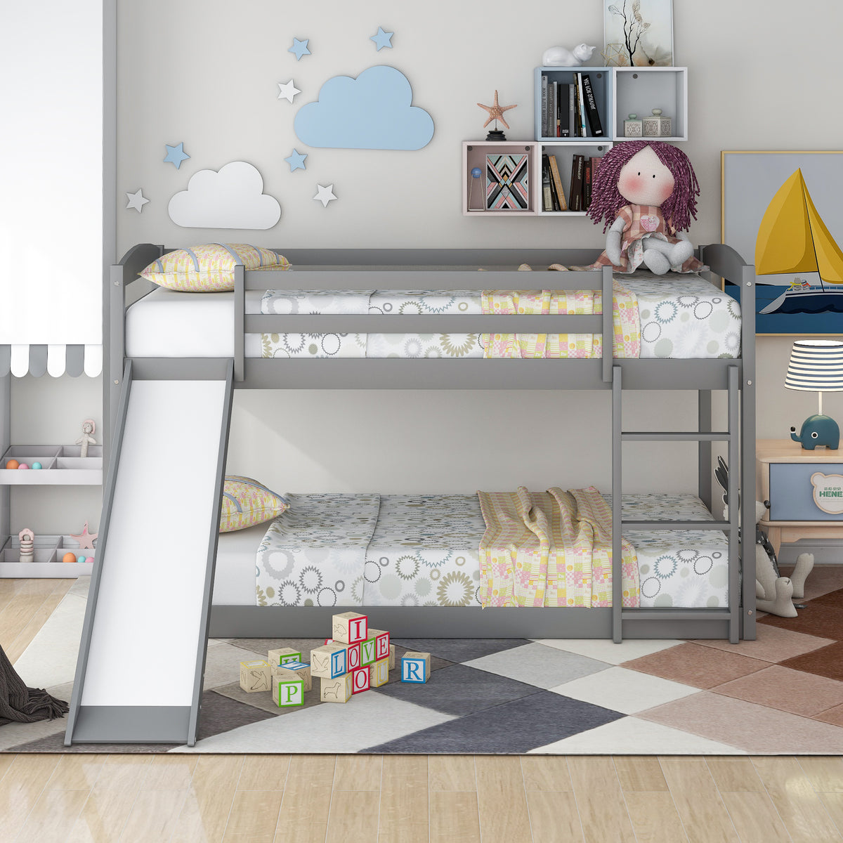 Twin Over Twin Bunk Bed with Slide Gray