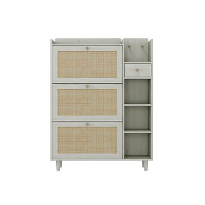 Bohemian Shoe Cabinet with Rattan Shelves White