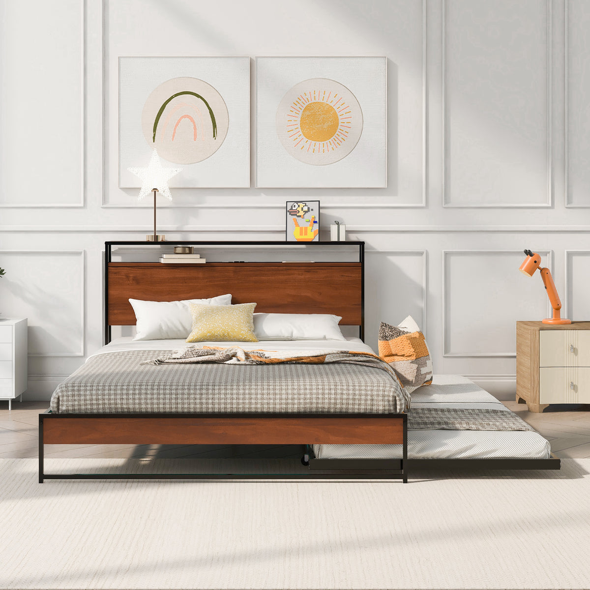 Queen Metal Platform Bed with USB Ports Black