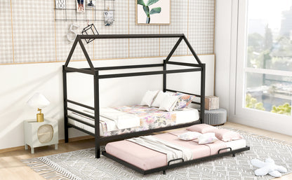 Metal House Platform Bed with Trundle Black