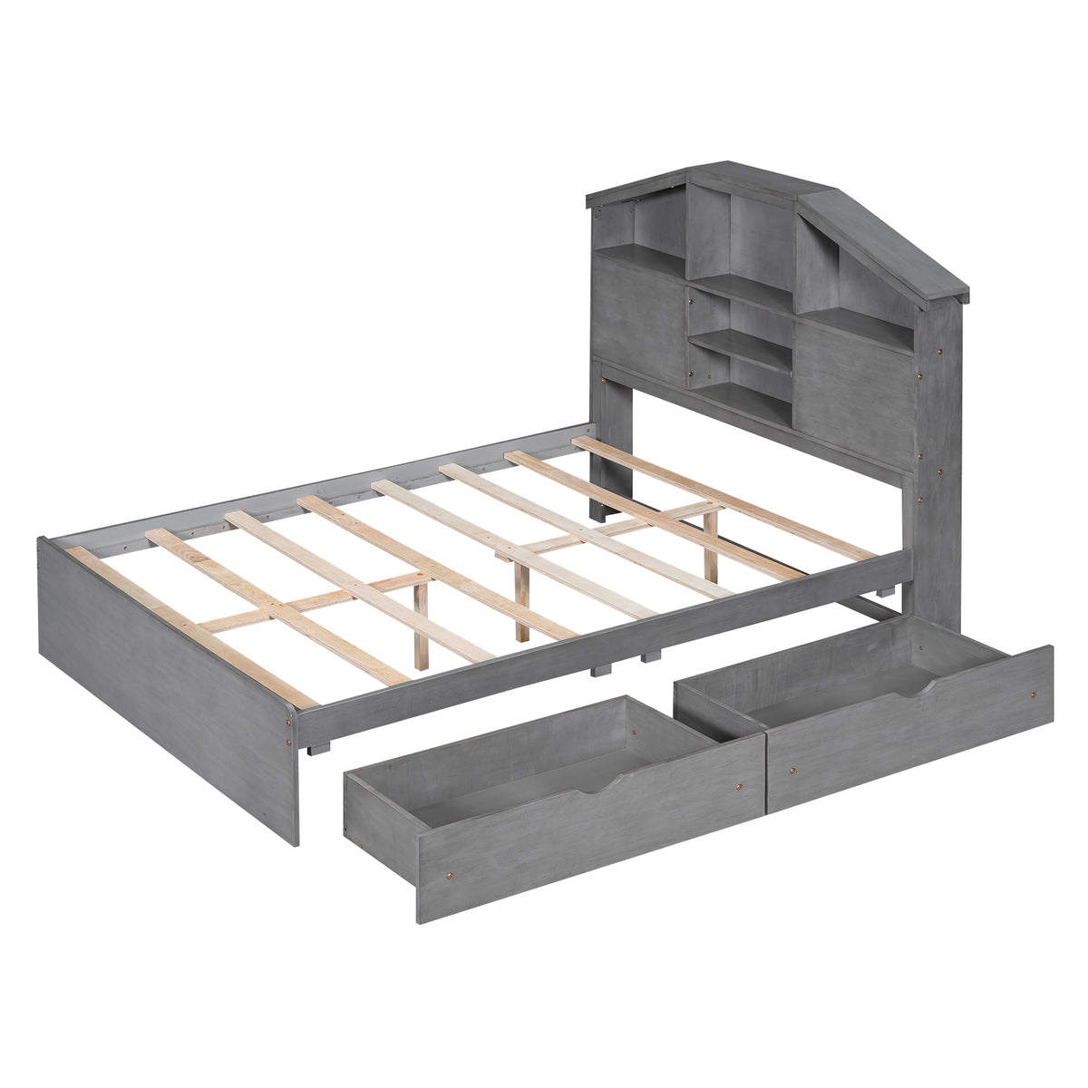 Full Platform Bed with Storage Headboard Gray