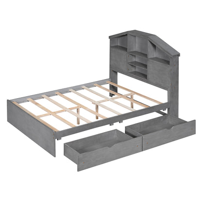 Full Platform Bed with Storage Headboard Gray