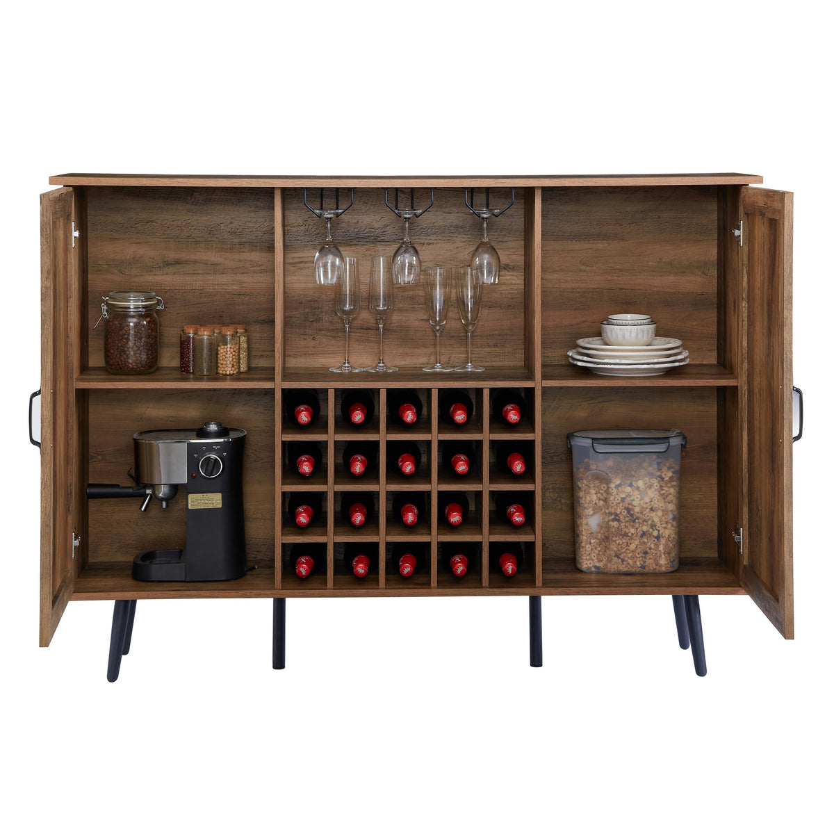 Oak Faux Rattan Wine Cabinet with Removable Shelves