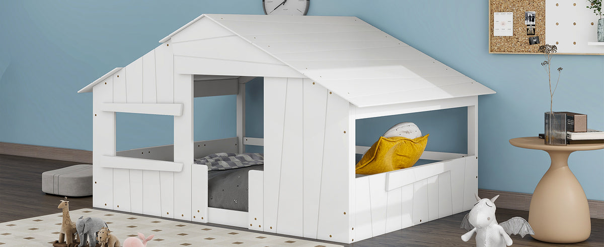 Full Wood Bed with Roof Frame White
