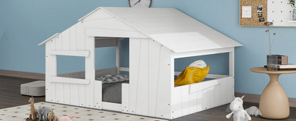 Full Wood Bed with Roof Frame White