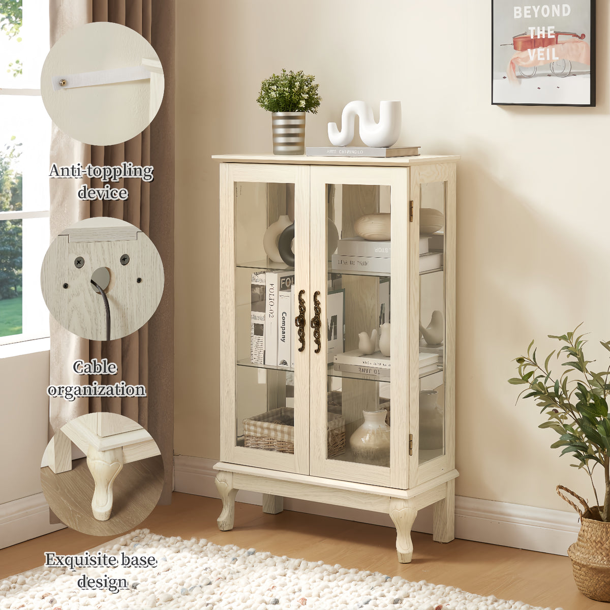 Dual Door Curio Display Cabinet with Adjustable Glass Shelves White